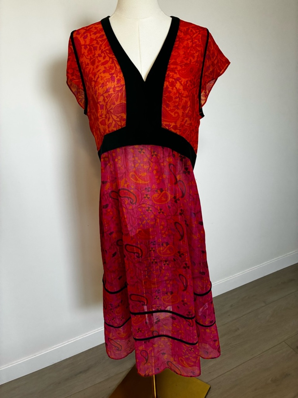 Women's Sheer Fuchsia & Red Midi Dress with Black Trim